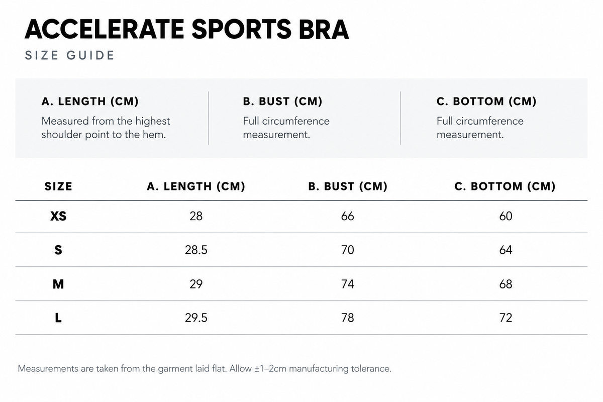 Size guide for Accelerate Sports Bra