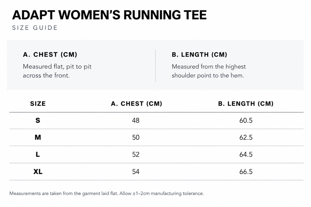 Size guide for Adapt Women's Running Tee