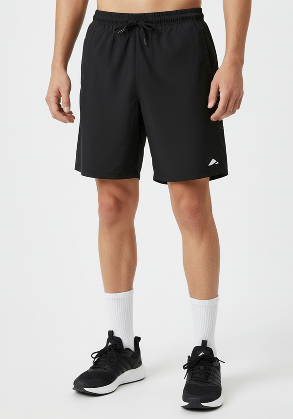 Layer Axis Training Shorts in black shown from the front with elastic waistband drawcord and minimalist Layer logo
