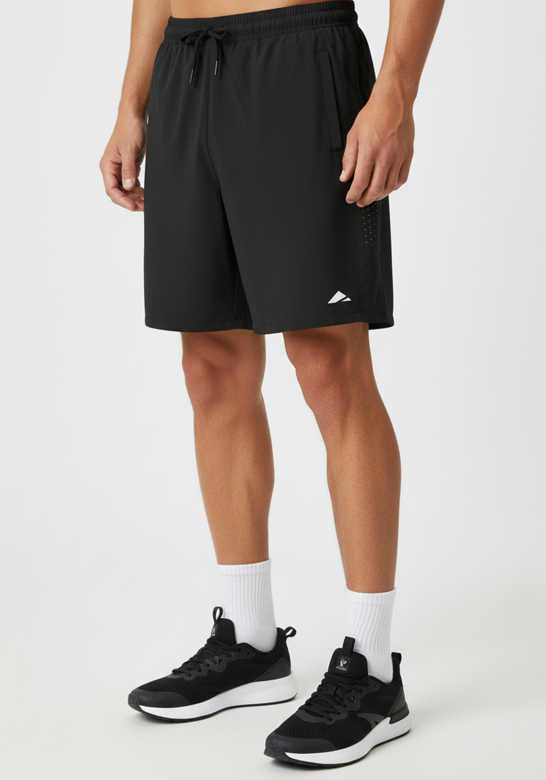 Layer Axis Training Shorts in black shown from the front with elastic waistband drawcord and minimalist Layer logo