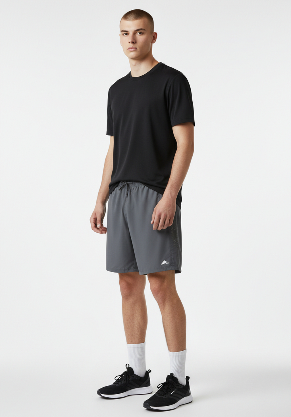 Layer Axis 7" Training Shorts in dark grey, side view full model