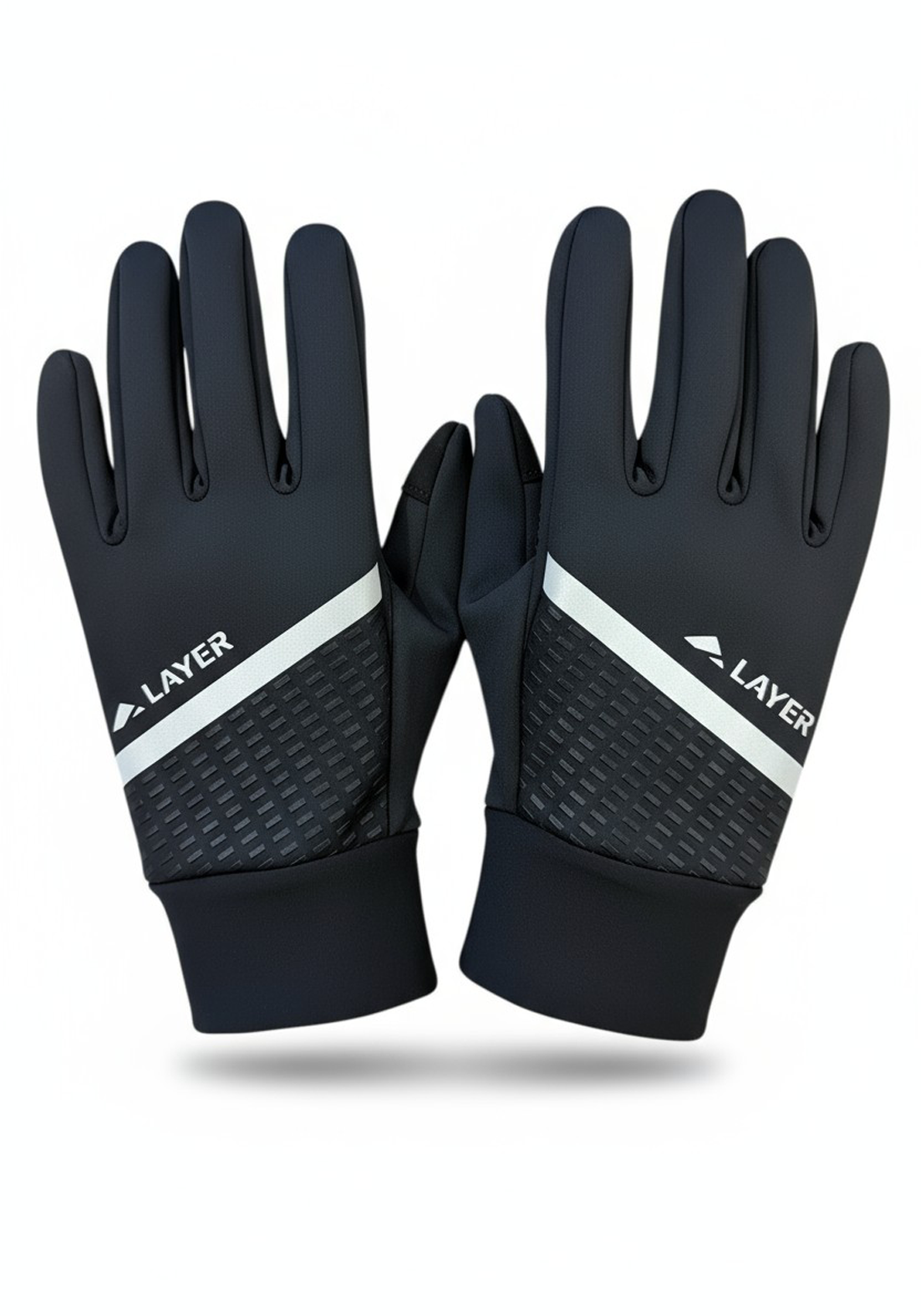 Front view of the Layer COLDLYR Run Gloves in black, featuring a reflective stripe and subtle textured pattern across the back of the hand.