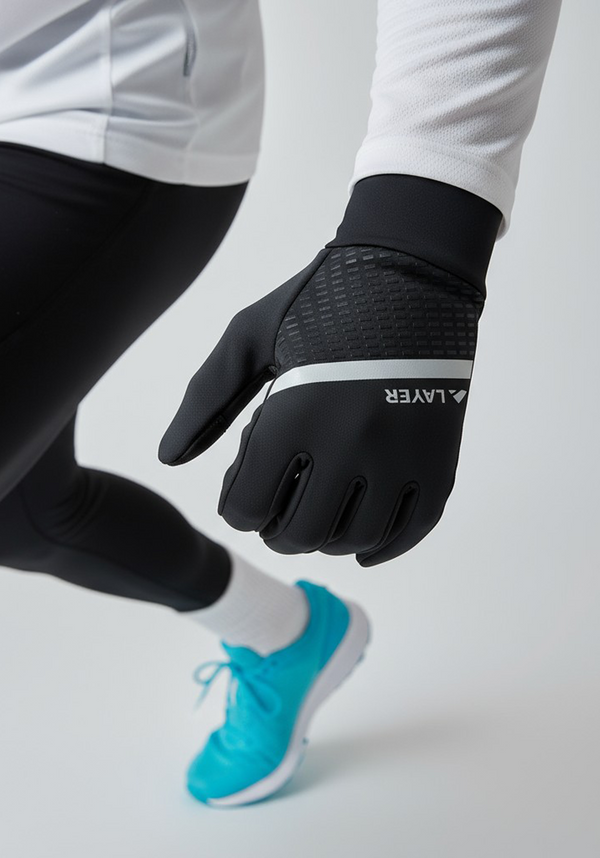 Close-up of a runner in motion wearing the Layer COLDLYR Run Gloves, highlighting the sleek fit and weather-resistant fabric.