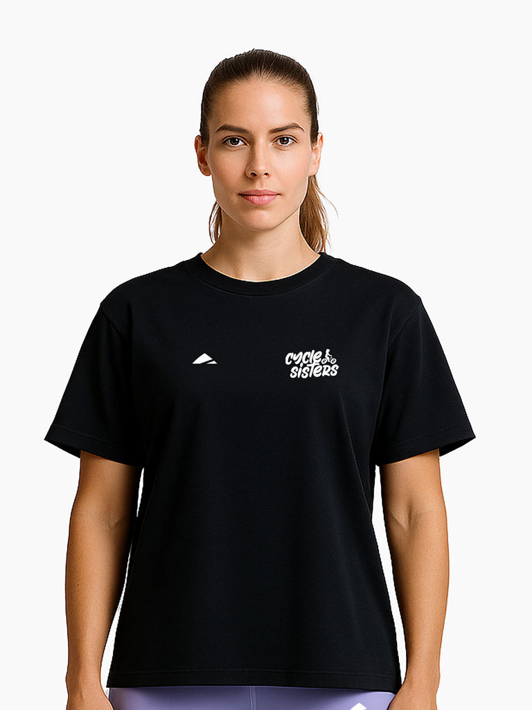 Layer Cycle Sisters Unisex Casual Tee in black, front view
