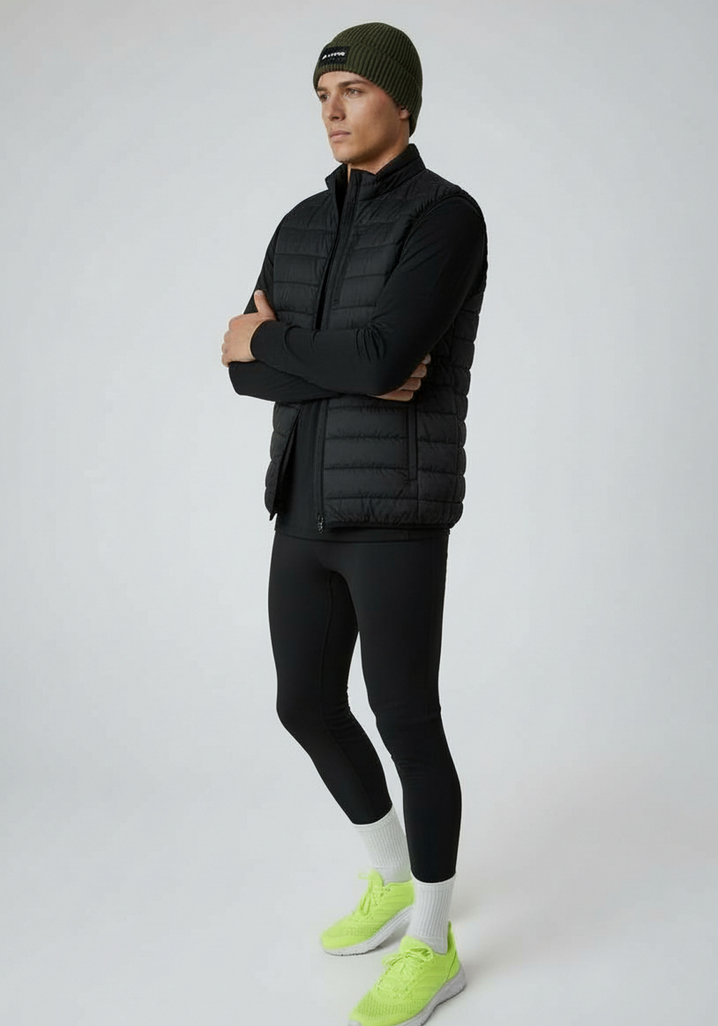 Side angle of Layer ColdLYR running beanie khaki styled for winter running