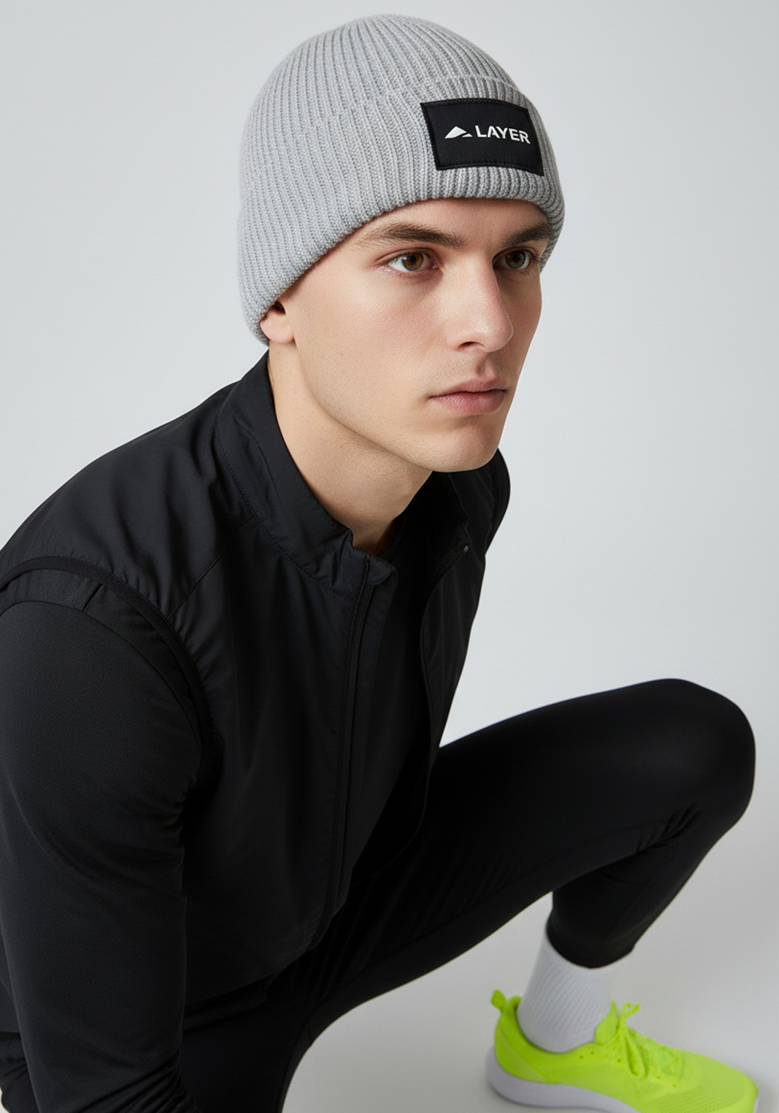 Light Grey Layer ColdLYR beanie styled for winter running and training