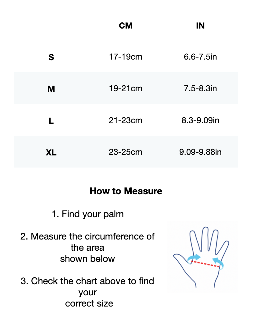 Size guide for COLDLYR Running Gloves