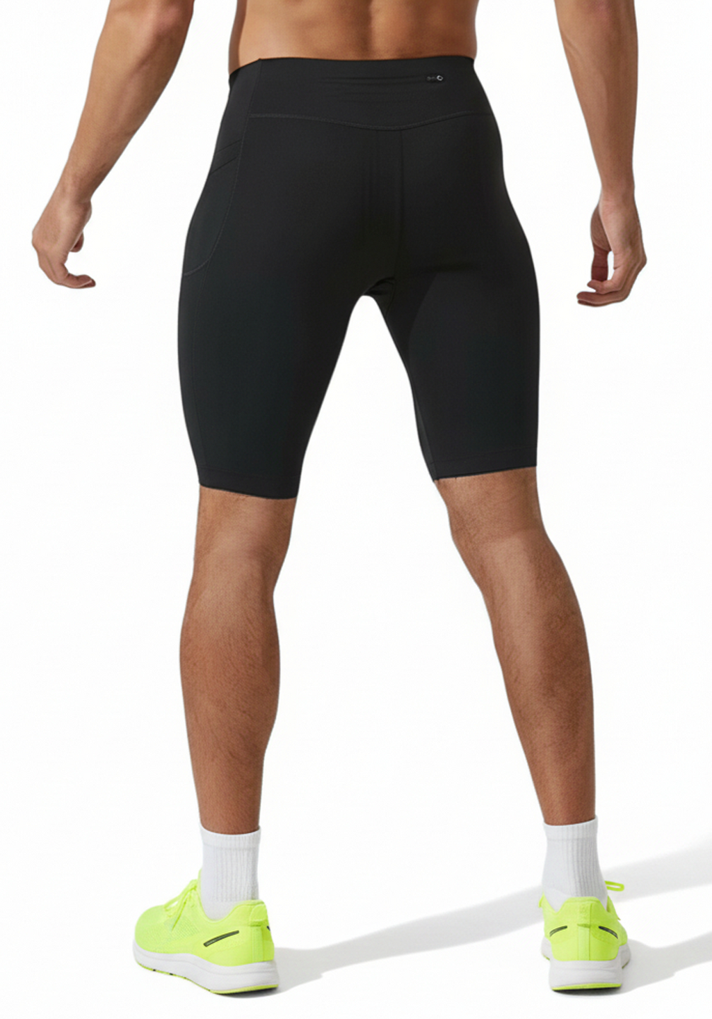 Layer Core black running short tights shown from rear with zipped back pocket