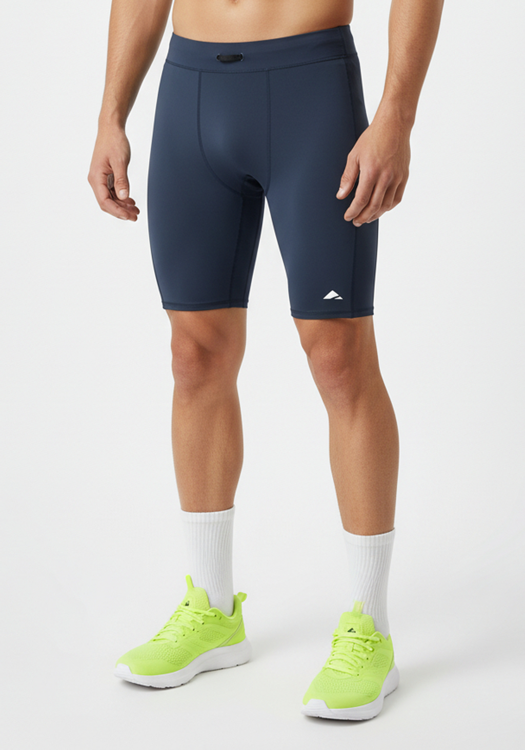 Layer men’s Core Run short tights navy front angle showing smooth waistband and secure side pocket