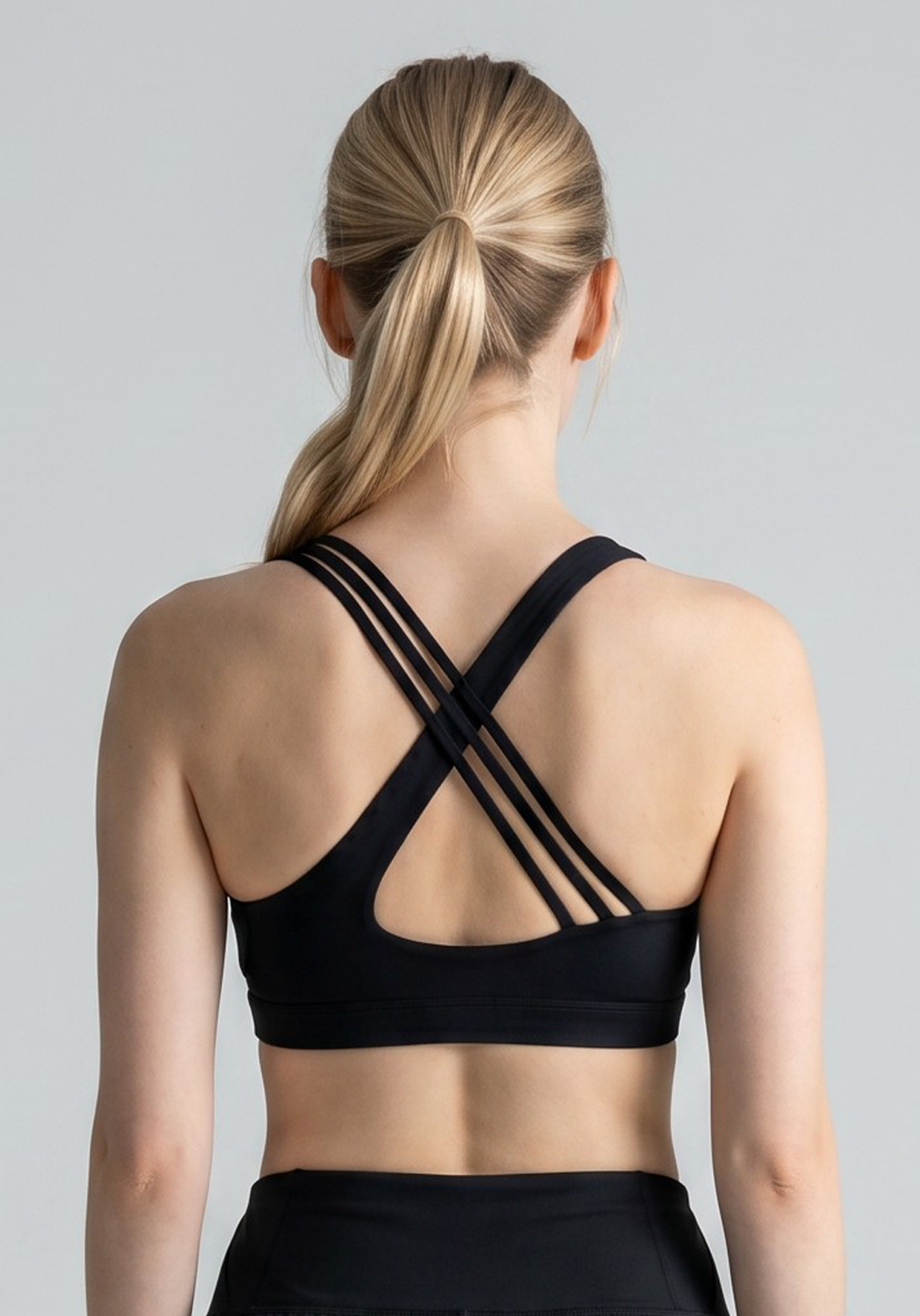 Layer Elevate Sports Bra in Midnight Black, back view
