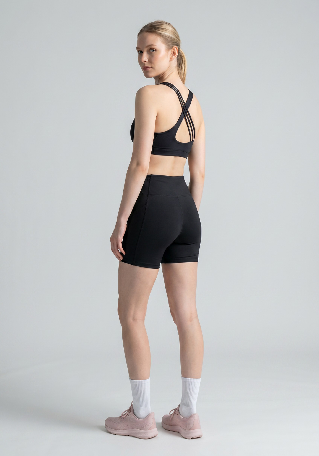Layer Elevate Sports Bra in Midnight Black, back strap detail
