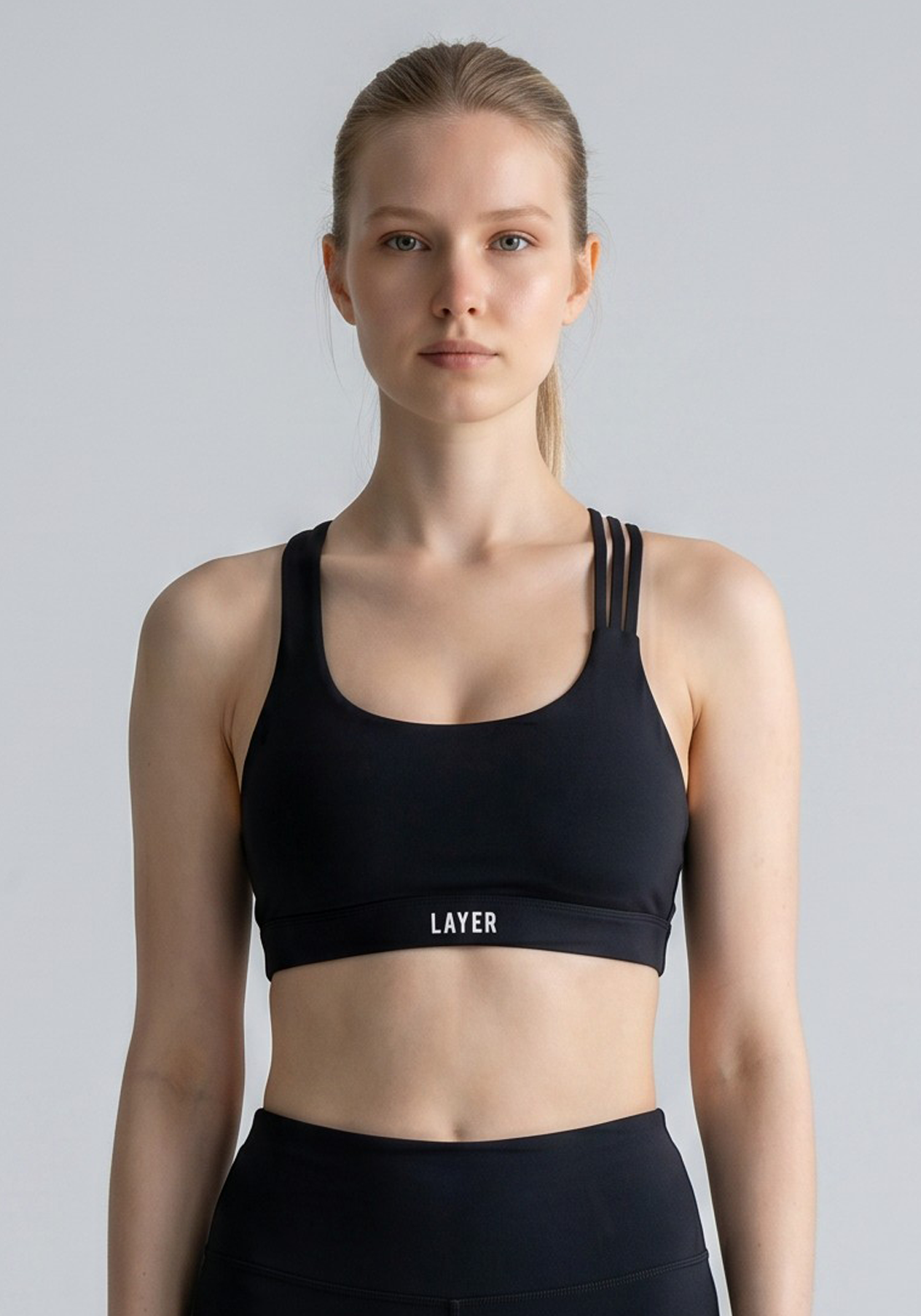 Layer Elevate Sports Bra in Midnight Black, front view
