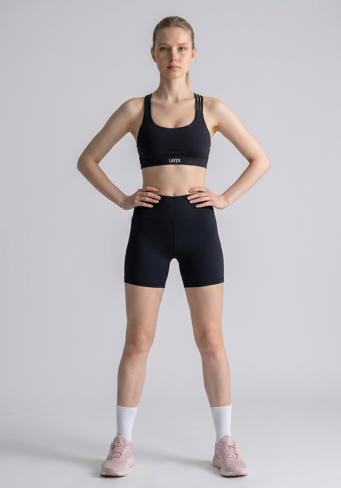 Layer Elevate Sports Bra in Midnight Black, full front view
