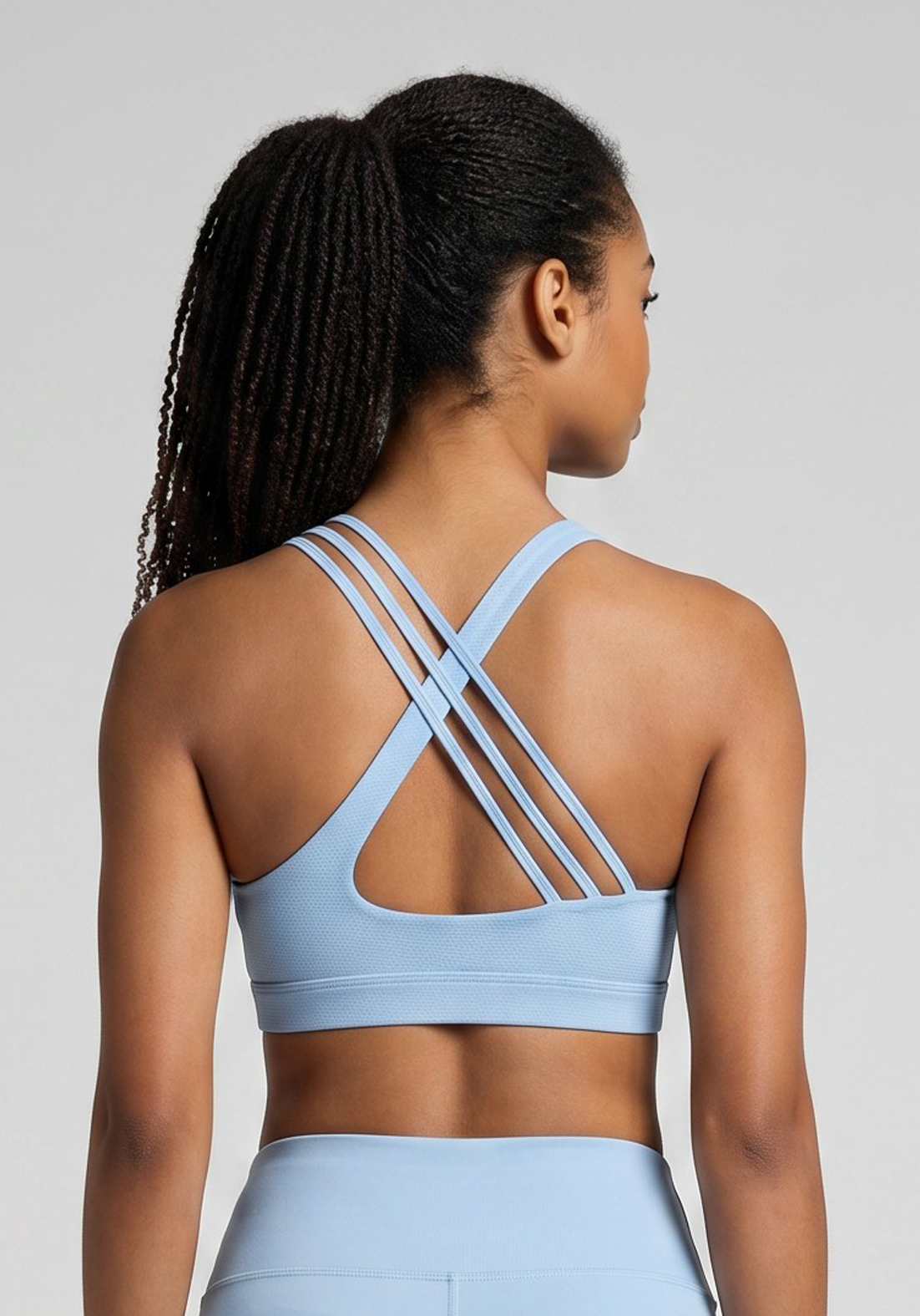 Layer Elevate Sports Bra in Glacier Blue, back view

