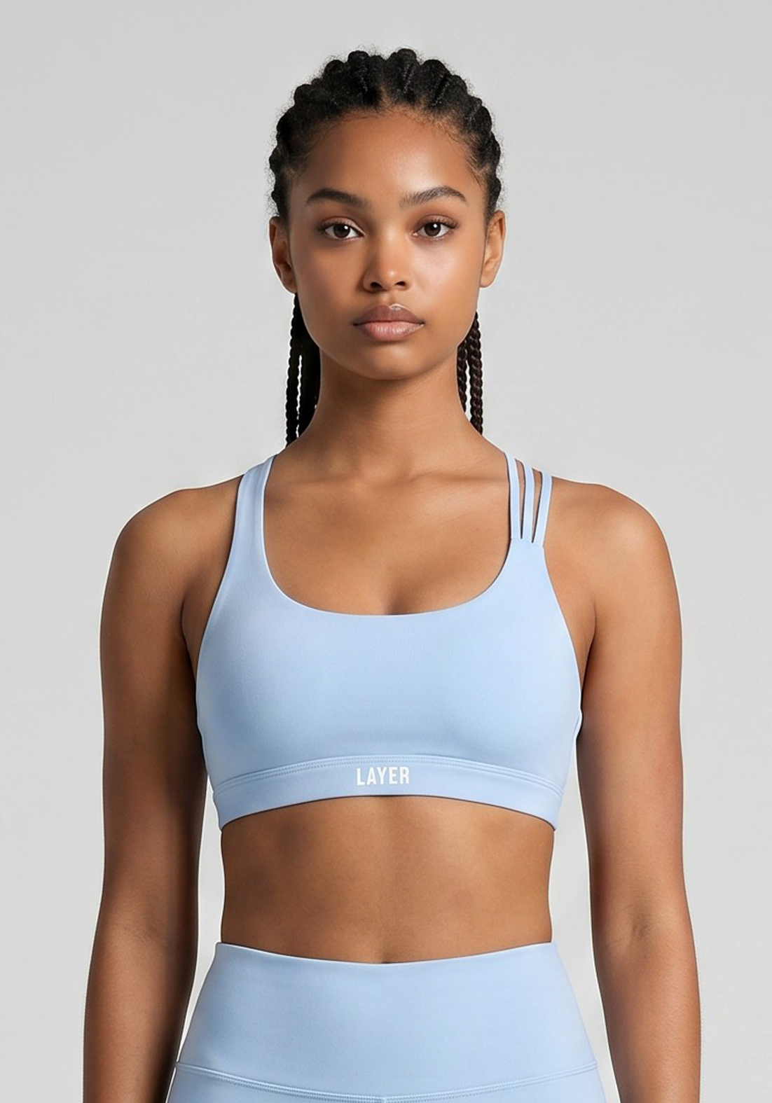 Layer Elevate Sports Bra in Glacier Blue, front view
