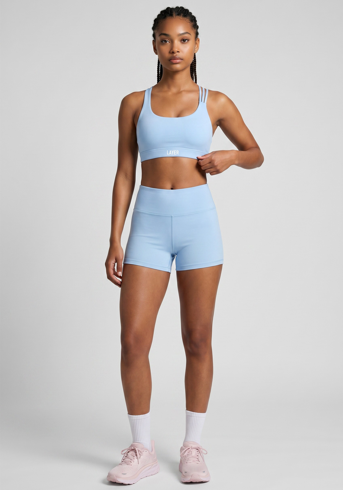 Layer Elevate Sports Bra in Glacier Blue, front full view
