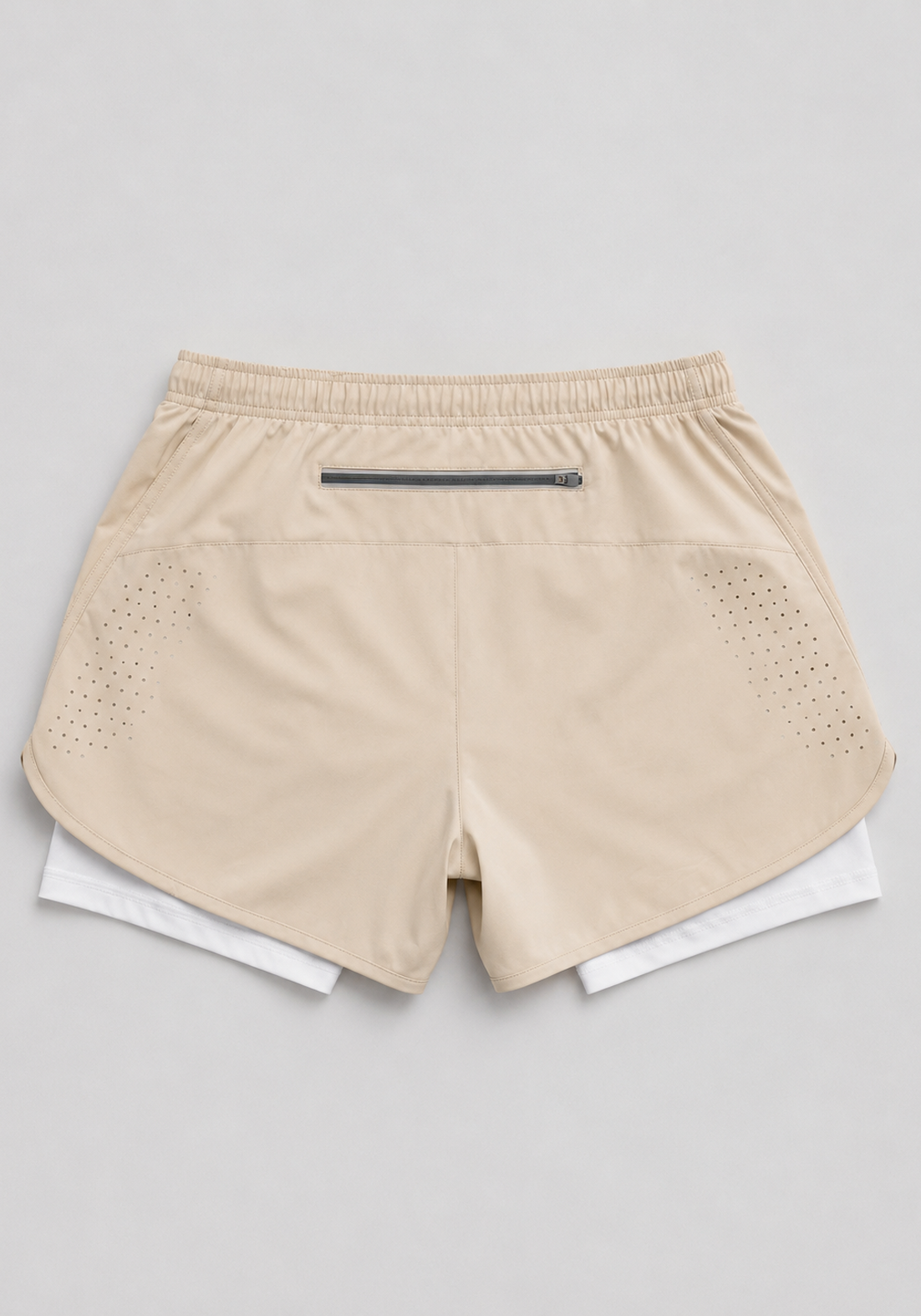 Layer Engage 2-in-1 running shorts in beige, back flatlay