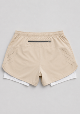 Layer Engage 2-in-1 running shorts in beige, back flatlay