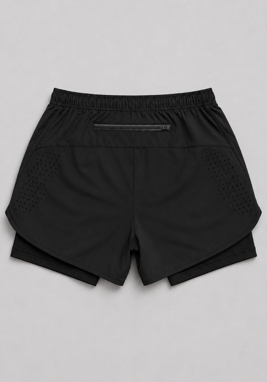 Layer Engage 2-in-1 running shorts in black, back flatlay
