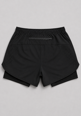 Layer Engage 2-in-1 running shorts in black, back flatlay
