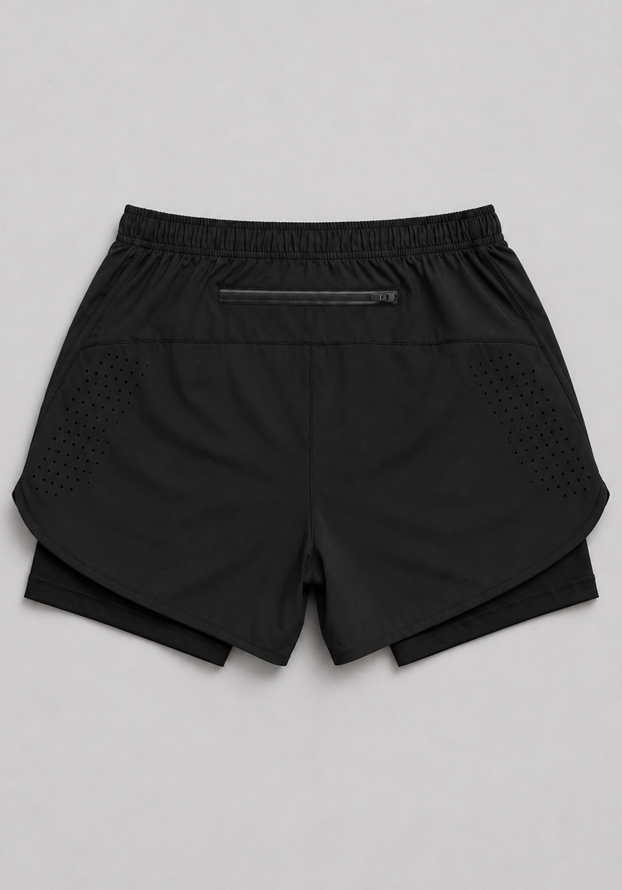 Layer Engage 2-in-1 running shorts in black, back flatlay

