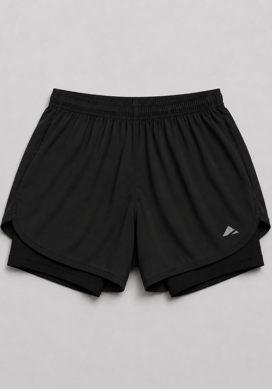 Layer Engage 2-in-1 running shorts in black, front flatlay