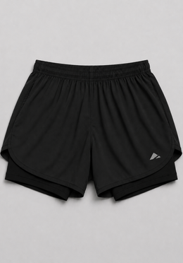 Layer Engage 2-in-1 running shorts in black, front flatlay