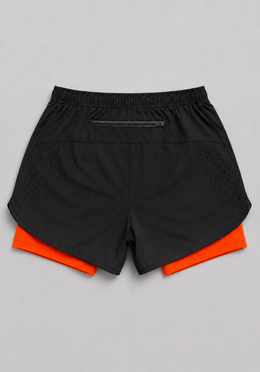 Layer Engage 2-in-1 running shorts in black orange, back flatlay

