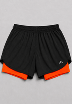 Layer Engage 2-in-1 running shorts in black orange, front flatlay
