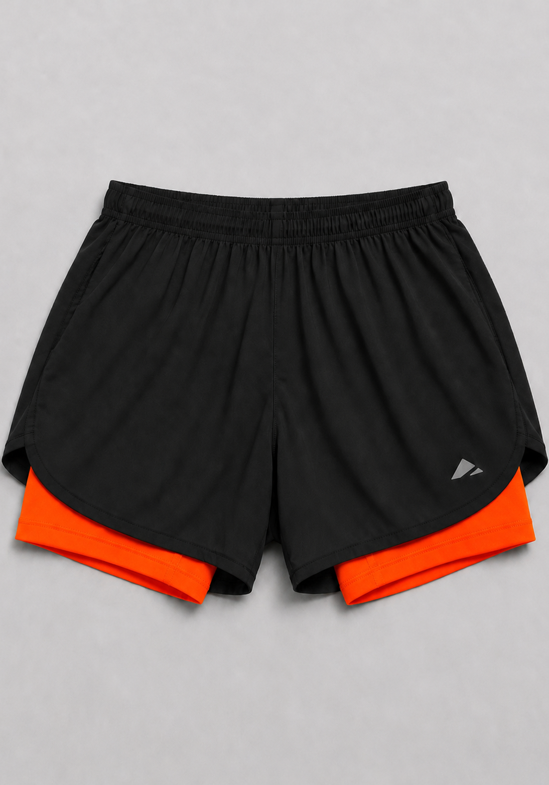Layer Engage 2-in-1 running shorts in black orange, front flatlay
