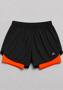 Layer Engage 2-in-1 running shorts in black orange, front flatlay
