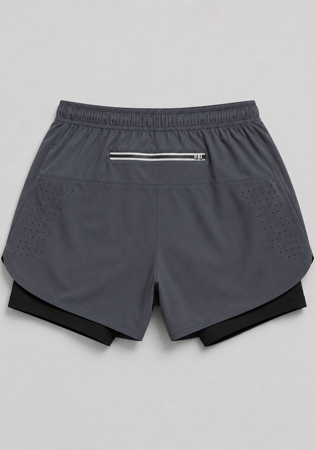 Layer Engage 2-in-1 running shorts in grey steel, back flatlay