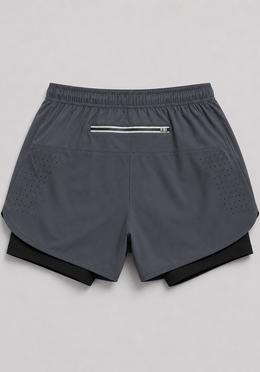 Layer Engage 2-in-1 running shorts in grey steel, back flatlay
