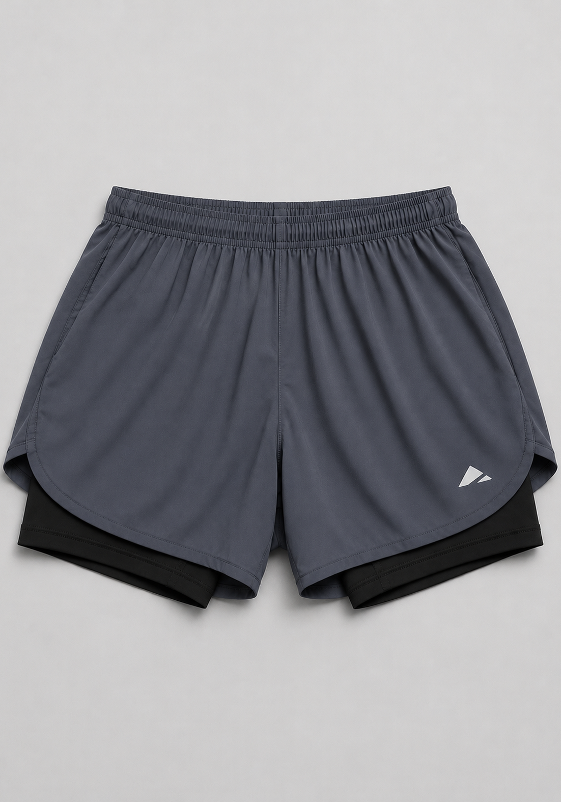 Layer Engage 2-in-1 running shorts in grey steel, front flatlay