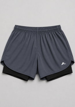 Layer Engage 2-in-1 running shorts in grey steel, front flatlay