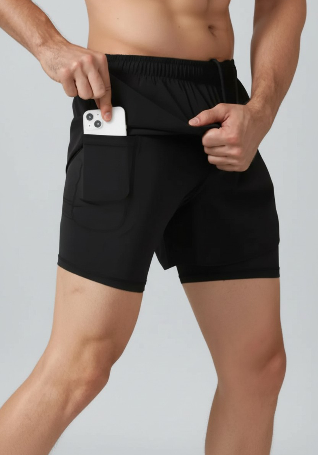 Layer Engage 2-in-1 running shorts in black, liner detail
