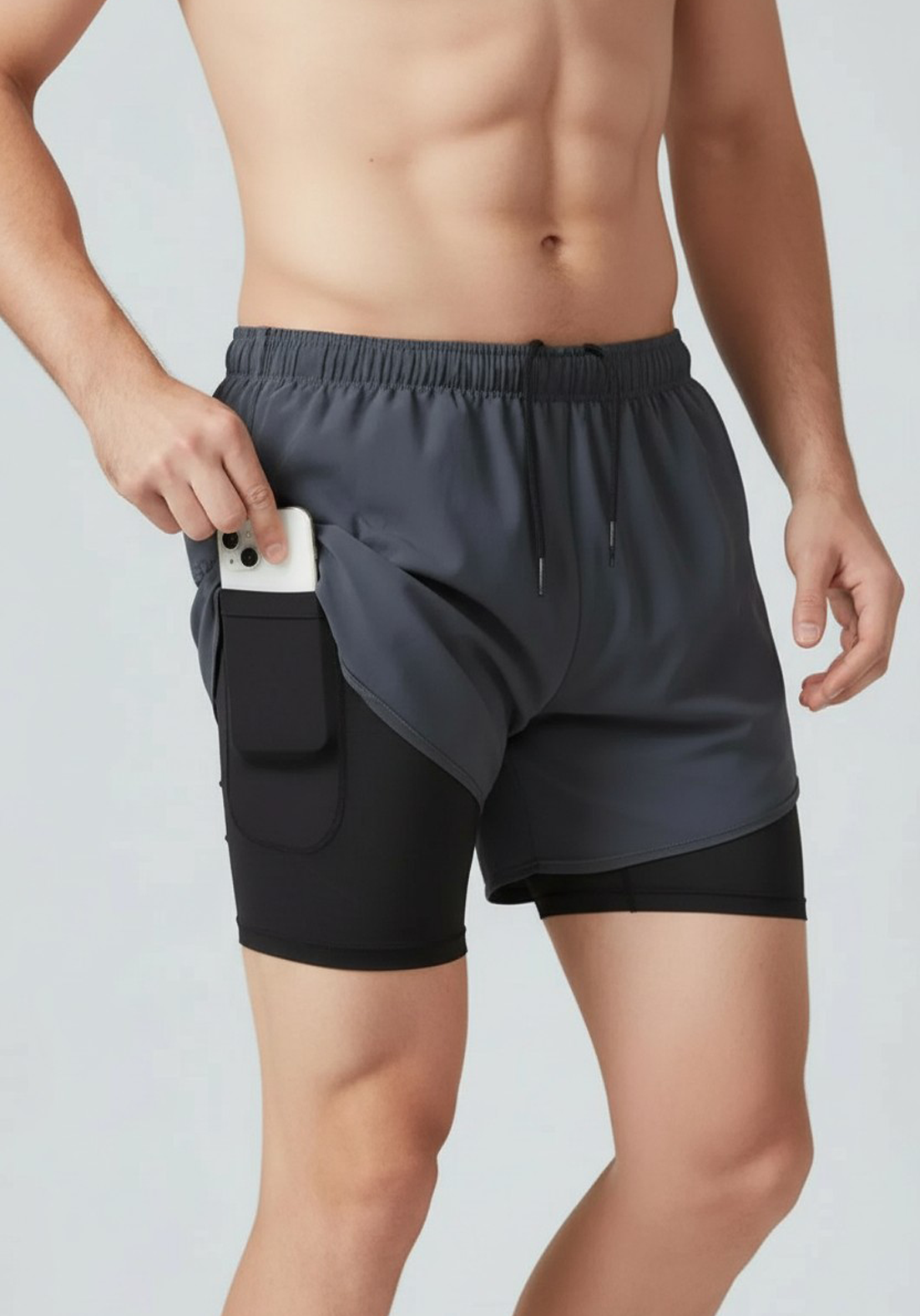 Layer Engage 2-in-1 running shorts in grey steel, liner detail