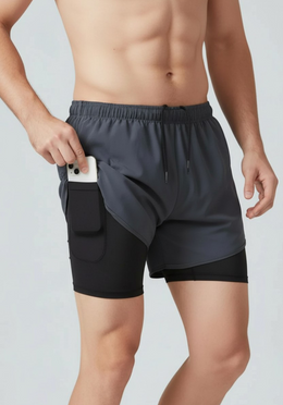Layer Engage 2-in-1 running shorts in grey steel, liner detail