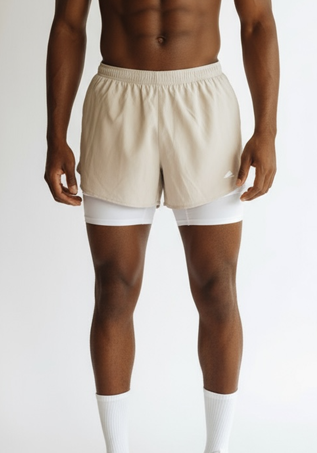 Layer Men’s Engage 2-in-1 Running Shorts in beige – dual-layer running shorts built for comfort and support