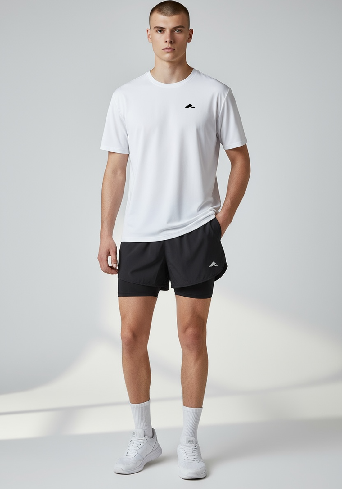 Layer Men’s Engage 2-in-1 Running Shorts in black – on-model view showing inner compression layer and flexible outer shell