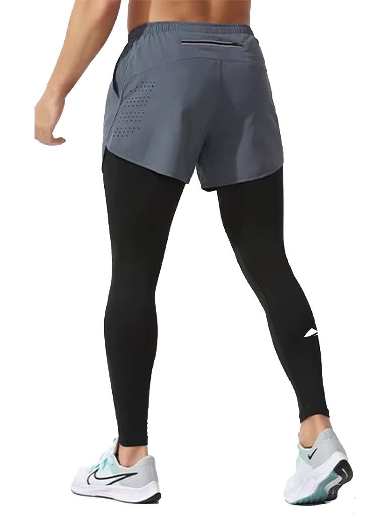 Layer Men’s Engage+ 2-in-1 Running Shorts in grey steel – on-model view showing breathable outer layer and fitted inner legging