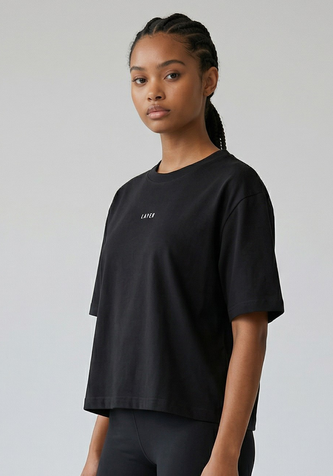 Layer FLXFIT Box Tee in Black, side close up view
