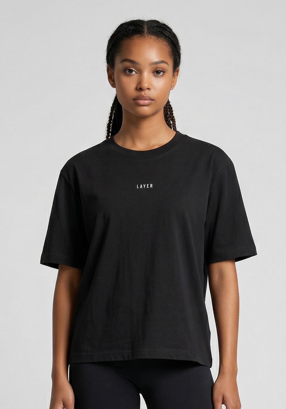 Layer FLXFIT Box Tee in Black, front view
