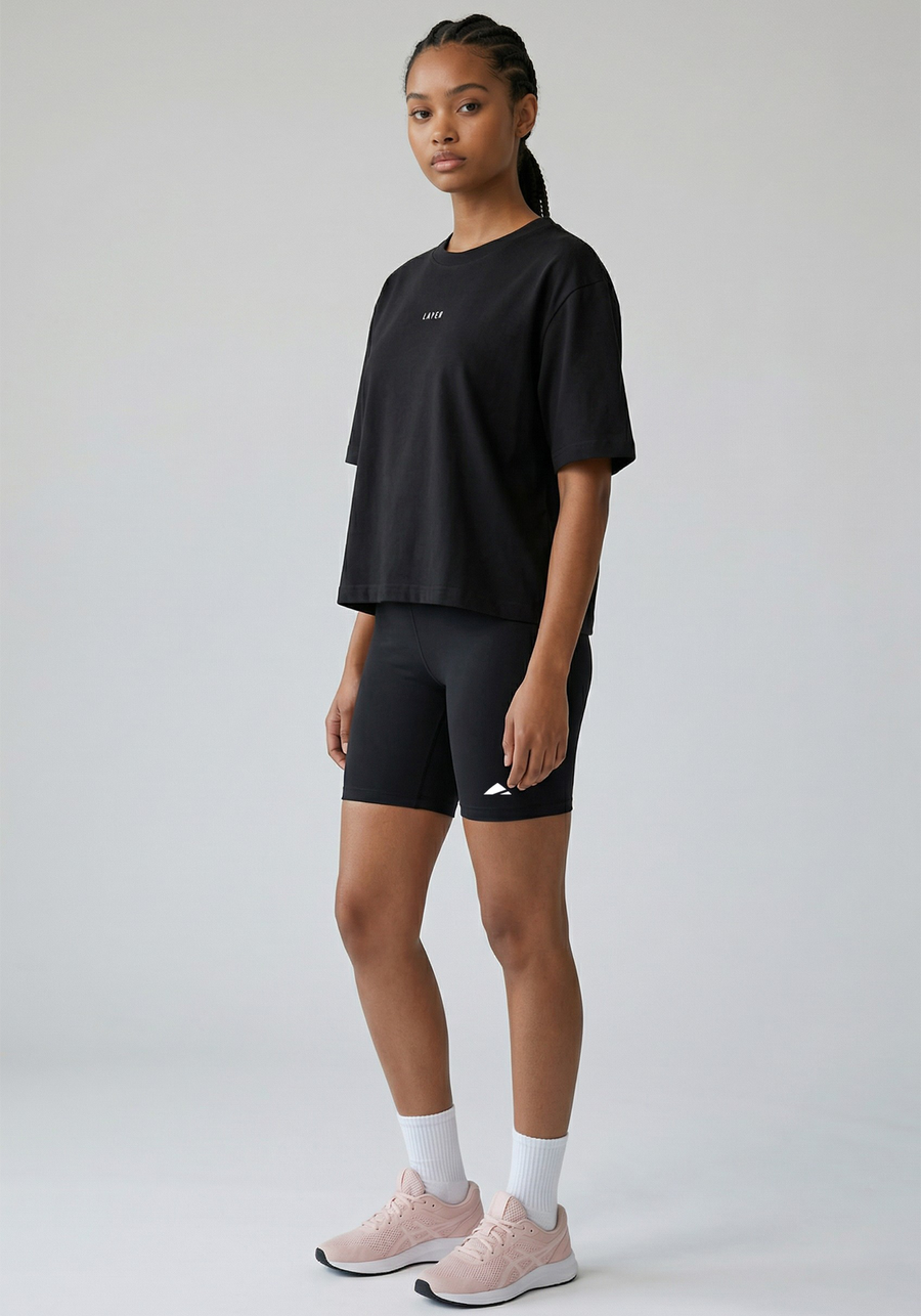 Layer FLXFIT Box Tee in Black, front side view
