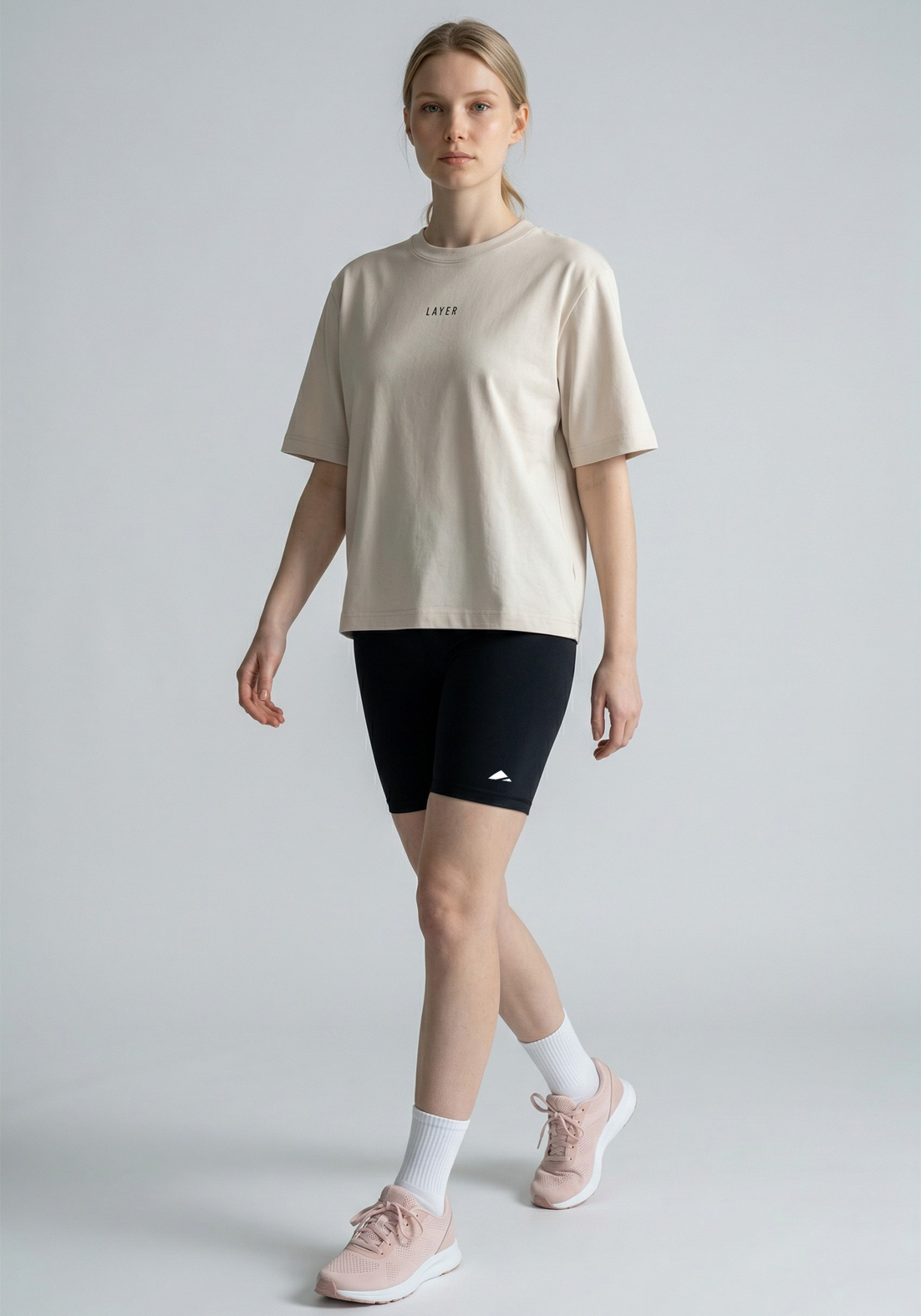 Layer FLXFIT Box Tee in Cloud, walking view
