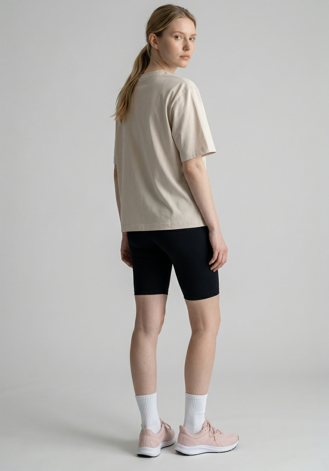Layer FLXFIT Box Tee in Cloud, side view
