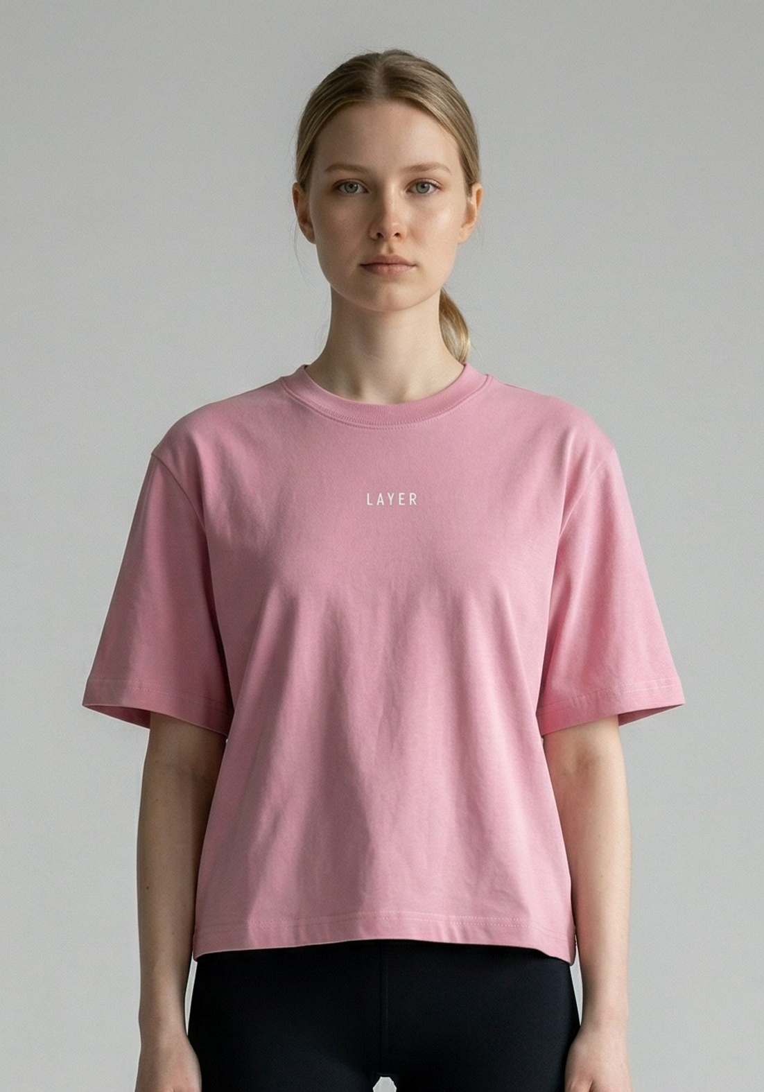 Layer FLXFIT Box Tee in Dusty Pink, front close up view
