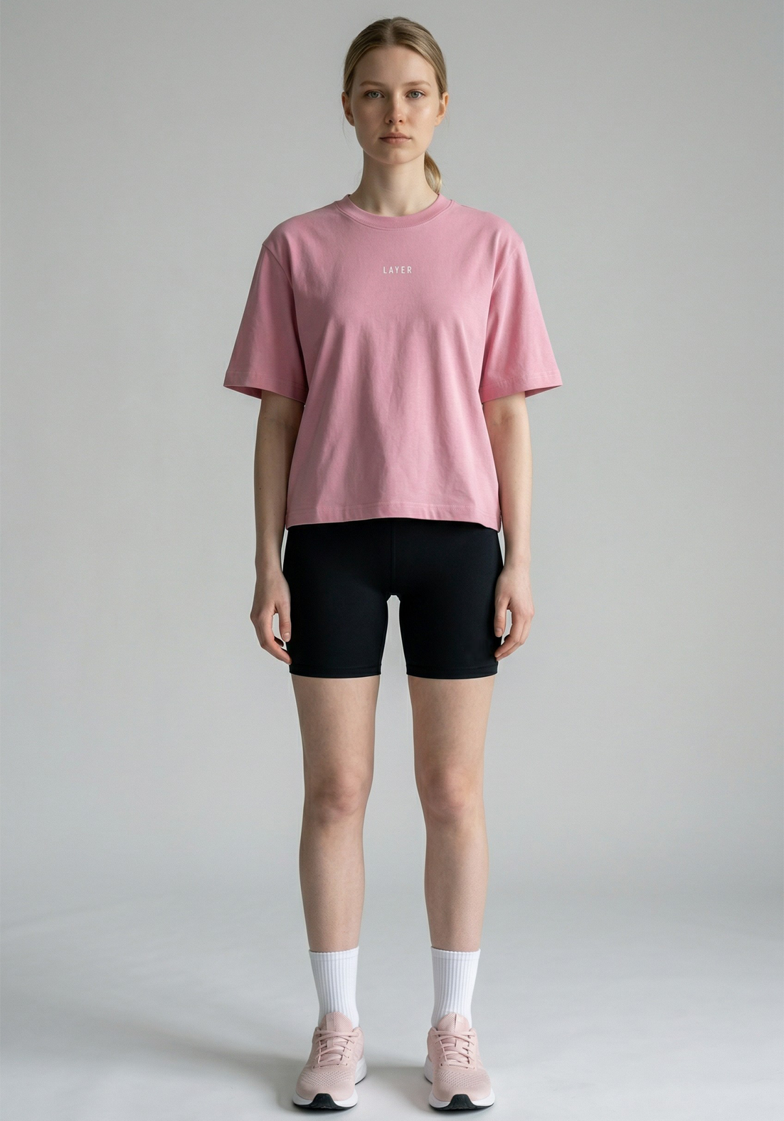 Layer FLXFIT Box Tee in Dusty Pink, full front view
