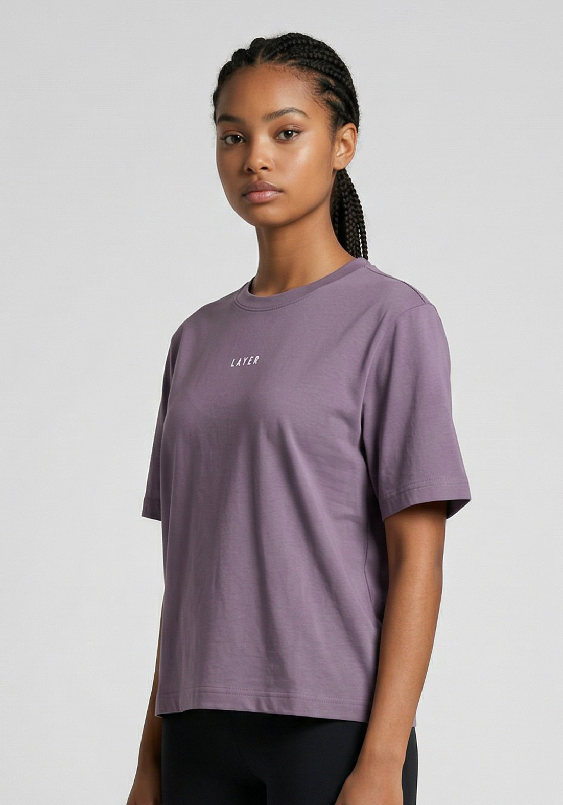 Layer FLXFIT Box Tee in Dusty Purple, angled view
