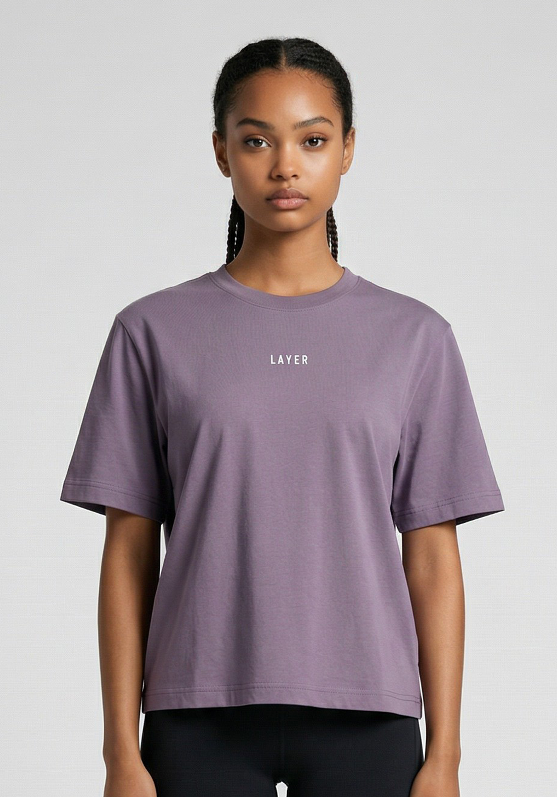 Layer FLXFIT Box Tee in Dusty Purple, front view
